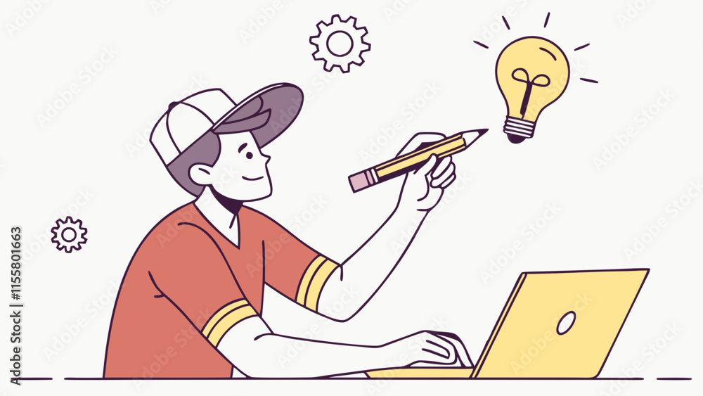 Man working on the laptop computer and holding pencil and pointing to bulb, working on the task. Creativity, planning, work project and business idea. 3d vector people character. Cartoon minimal style Man working on the laptop computer and holding pencil and pointing to bulb, working on the task. Creativity, planning, work project and business idea. 3d vector people character. Cartoon minimal style