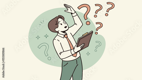 3D illustration. Businessman 3D Cartoon Character. Handsome businessman looking confused. The man raised his hand and had a lot of questions. 3d cartoon character