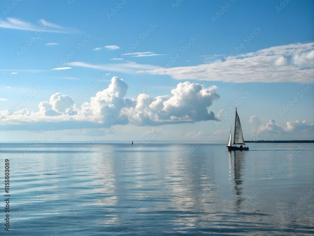 Obraz premium Sailboat on a Calm Lake Under a Cloudy Sky
