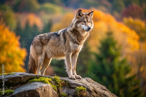 lone wolf on a rock surrounded by autumn foliage photo