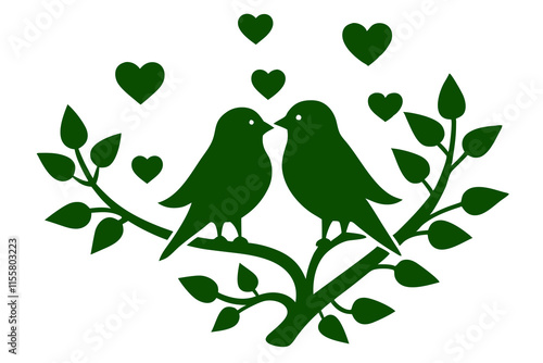 Two lovebirds sitting on a branch surrounded by hearts