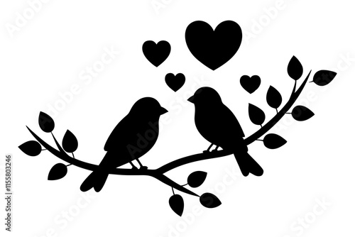 Silhouette of two lovebirds sitting on a branch surrounded by hearts