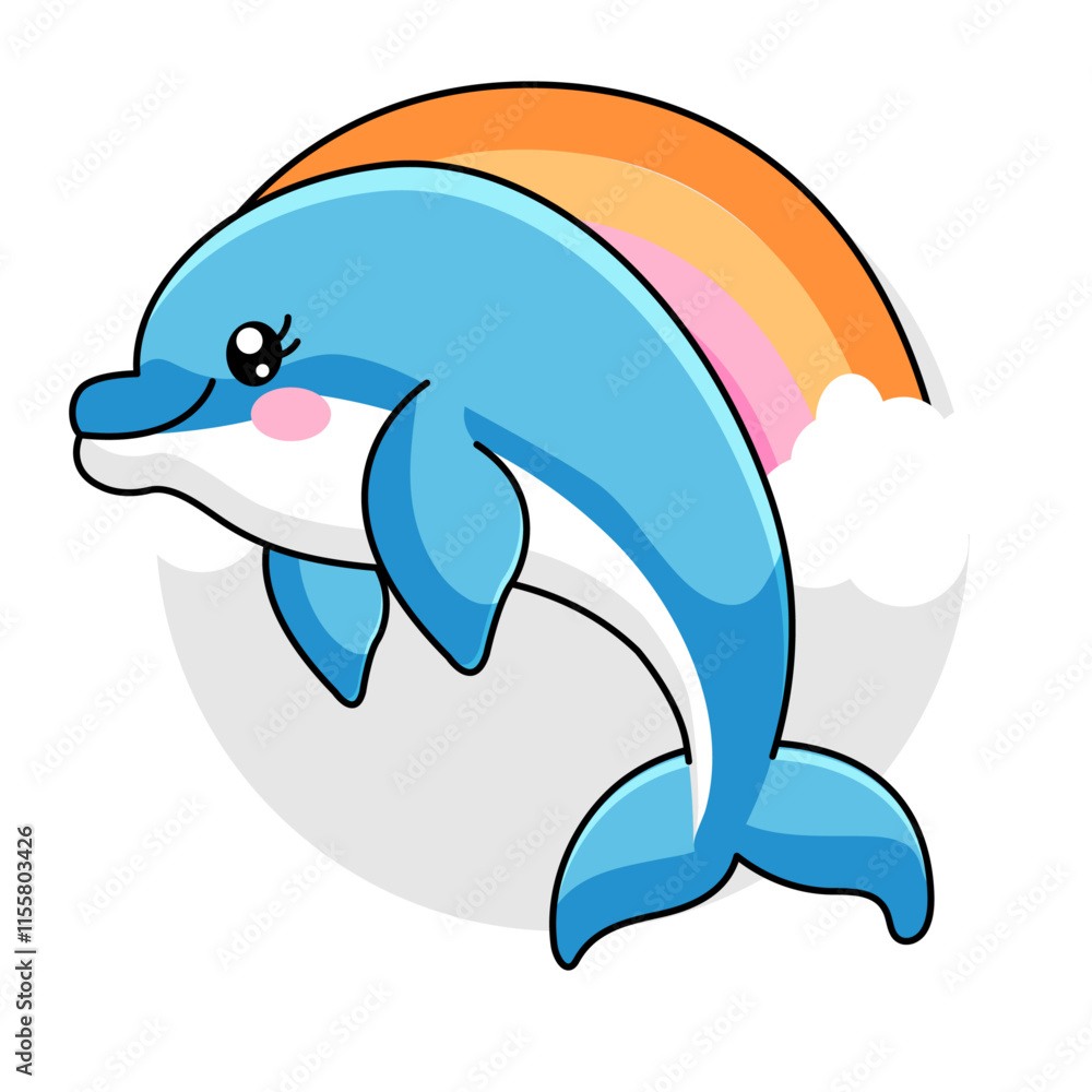 Fototapeta premium Cute Dolphin Cartoon Kawaii Sticker. Character Vector Illustration