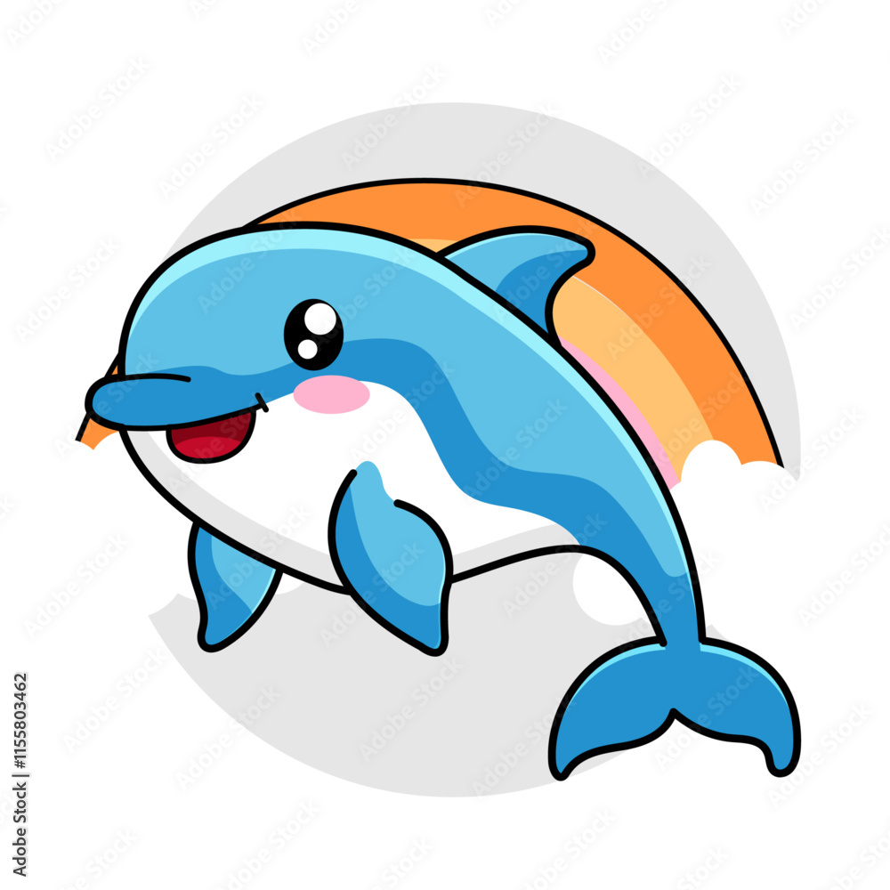 Naklejka premium Cute Dolphin Cartoon Kawaii Sticker. Character Vector Illustration