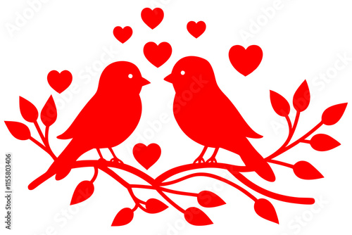 Two lovebirds sitting on a branch surrounded by hearts vector art illustration on white background