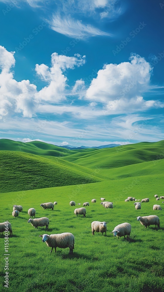 Fototapeta premium Peaceful Flock of Sheep Grazing on Vibrant Green Meadow Under Bright Blue Sky