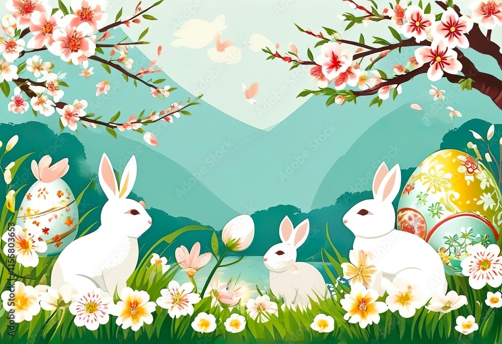 Fototapeta premium Easter card, 2025 banner in Japanese style, Easter eggs and Easter white bunnies in a clearing under sakura trees, Happy Easter