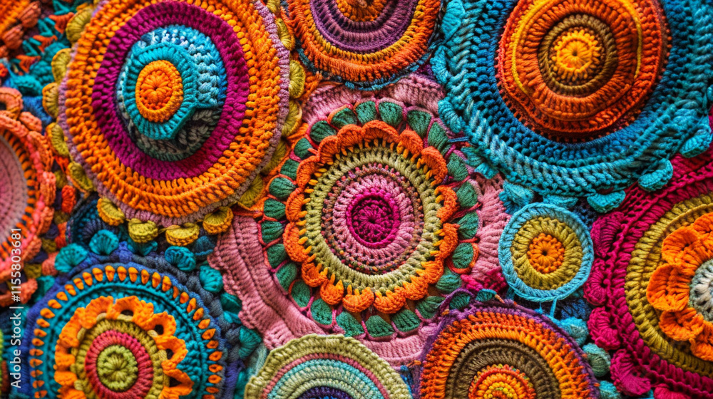 A vibrant bohemian-style crochet blanket with concentric circular patterns in bright orange, turquoise, magenta, and lime green, showcasing a rich and eclectic vintage design. A vibrant bohemian-style crochet blanket with concentric circular patterns in bright orange, turquoise, magenta, and lime green, showcasing a rich and eclectic vintage design.