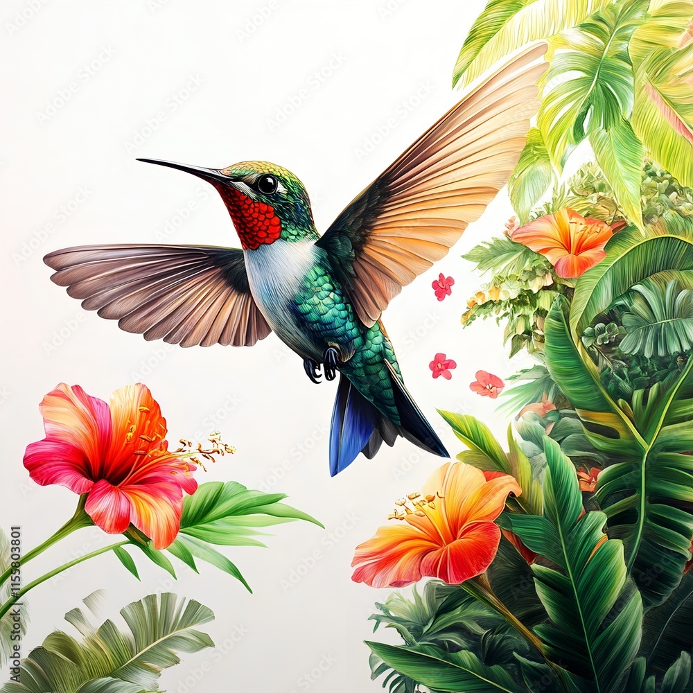 Fototapeta premium Vibrant Hummingbird Feeding on Tropical Flowers in Lush Foliage