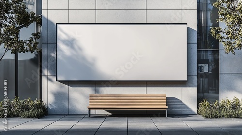 Blank billboard mockup on modern building exterior with bench, plants and shadows. Ideal for advertising, urban design, and city lifestyle concepts.