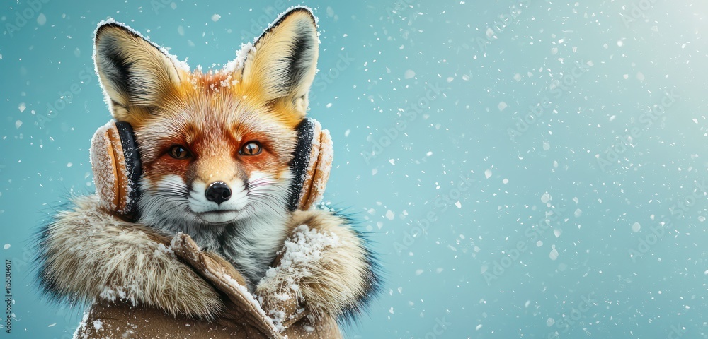 Obraz premium Fox in a stylish winter outfit with earmuffs against a cold blue background.