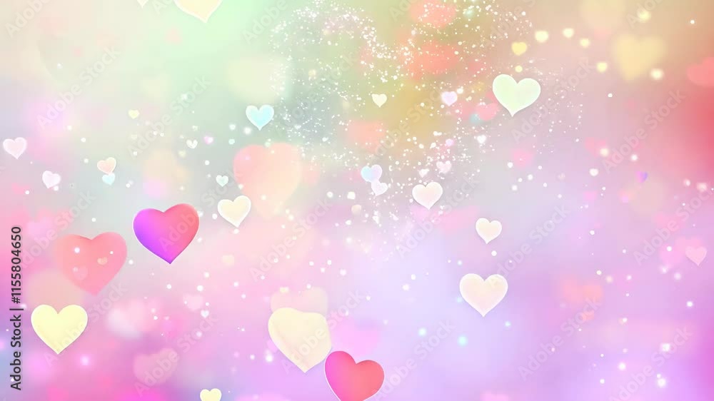 Colorful background with many small hearts scattered throughout. The background is a mix of pink, yellow, and blue. The hearts are of various sizes and are placed in different positions Colorful background with many small hearts scattered throughout. The background is a mix of pink, yellow, and blue. The hearts are of various sizes and are placed in different positions