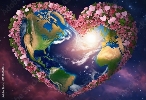 love banner, card for Valentine's Day, planet earth in the shape of a heart framed by pink hearts, universal love, art trend design 2025 photo