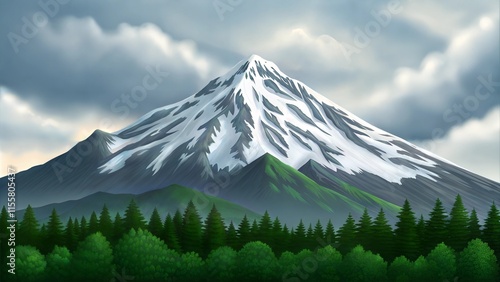 Snow-capped mountain surrounded by lush green forest