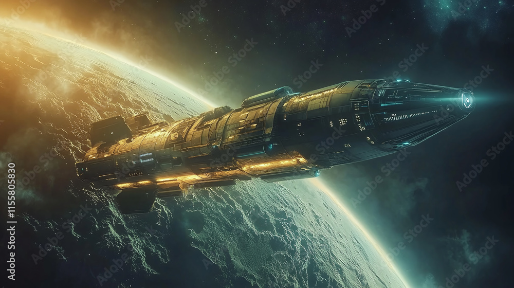 Fototapeta premium Futuristic rocket space ship launch. fantasy universe cosmos planet, future science and technology, galaxy shuttle innovation, astronomy exploration.