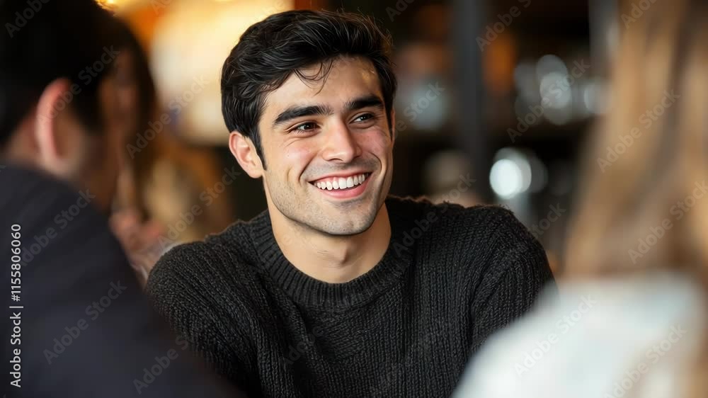 A smiling young man engaged in a joyful conversation in a caf?. A smiling young man engaged in a joyful conversation in a caf?.