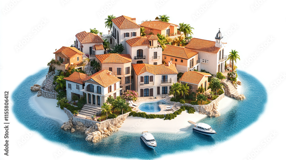 Obraz premium Ocean or sea coast shore seaside city town house or home buildings architecture isolated on white background. summer travel tourism, mediterranean vacation destination, village, aerial.