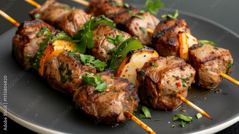 Moroccan kebabs with lamb and vegetables on skewers, Street food photography Moroccan kebabs with lamb and vegetables on skewers, Street food photography