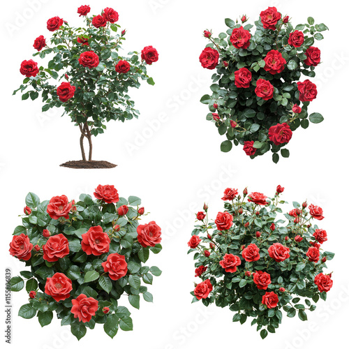 Fototapeta Naklejka Na Ścianę i Meble -  Vibrant Red Rose Bush Blooming Against White Background