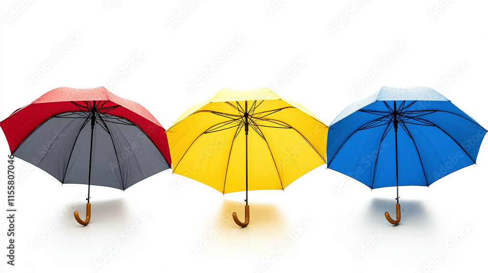 Three open umbrellas of different colors, blue, yellow and red isolated on white background. rain weather protection accessory object with handle, meteorology, safety. Three open umbrellas of different colors, blue, yellow and red isolated on white background. rain weather protection accessory object with handle, meteorology, safety.