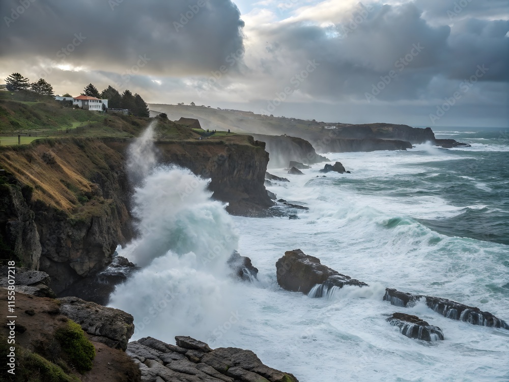 Powerful Waves Crashing Against Coastal Cliffs on a Cloudy Day Powerful Waves Crashing Against Coastal Cliffs on a Cloudy Day