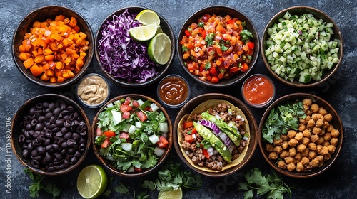 Assorted Taco Bar Ingredients Ready For Assembly