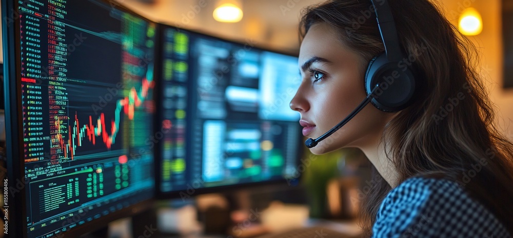 Woman monitoring financial data on multiple screens with headset. Woman monitoring financial data on multiple screens with headset.