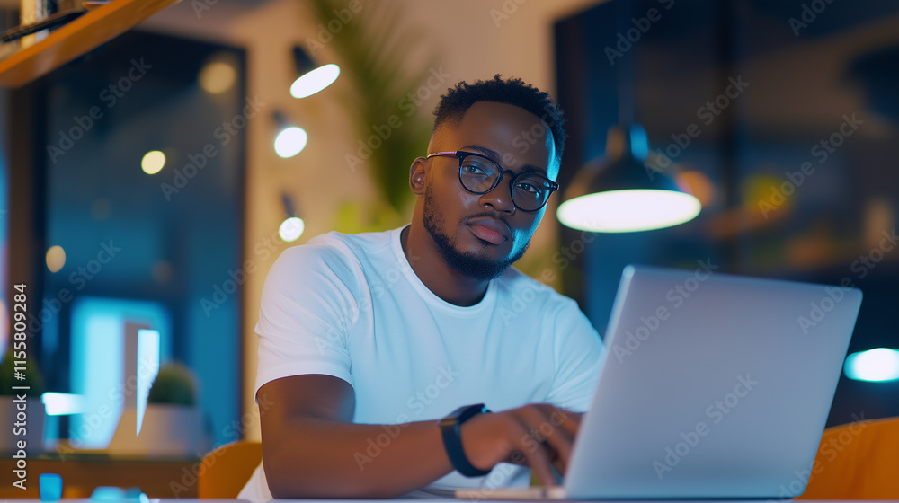 Fototapeta premium A confident man wearing glasses and a smartwatch, engaged with his laptop and business documents in a sleek office. Perfect for content on entrepreneurship, modern office culture,