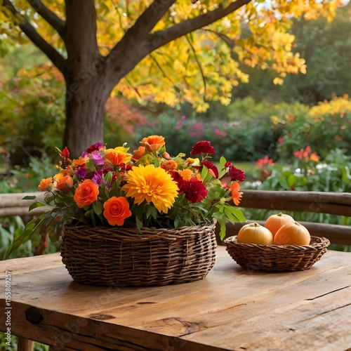 Wallpaper Mural Autumn Bouquet Basket of Vibrant Daisy Flowers on Rustic Wooden Table in Autumn Garden Torontodigital.ca