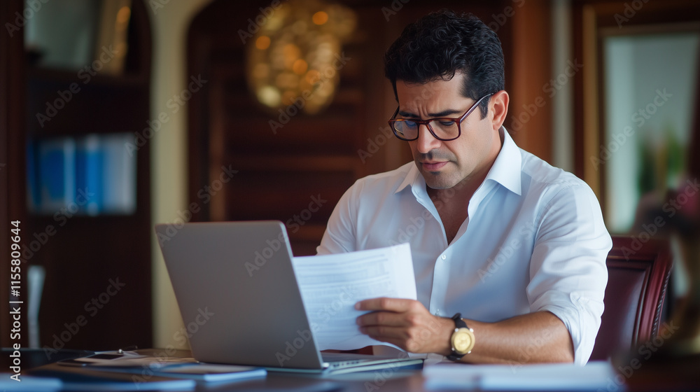 Young busy latin professional business man checking document working at laptop computer in office. Serious businessman accountant expert reading legal paper company file overview a Young busy latin professional business man checking document working at laptop computer in office. Serious businessman accountant expert reading legal paper company file overview a