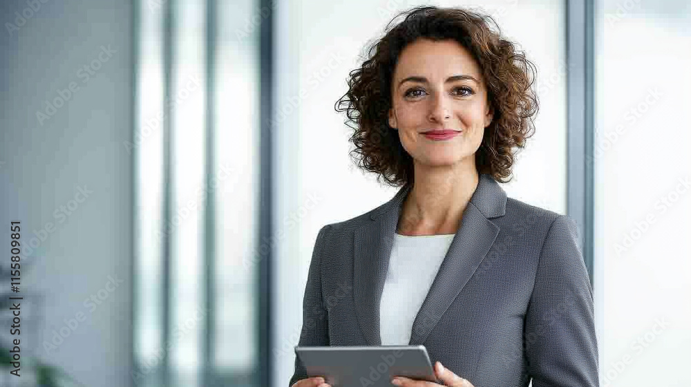 A confident woman with curly hair in a sleek gray suit holding a tablet, standing out with her bright smile. Great for articles on entrepreneurship, modern business tools, and insp
