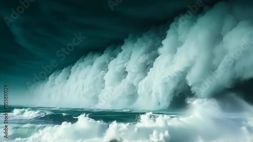 Large wave crashing into the shore. The water is choppy and the sky is dark and cloudy. Scene is intense and dramatic, as the wave appears to be powerful and overwhelming