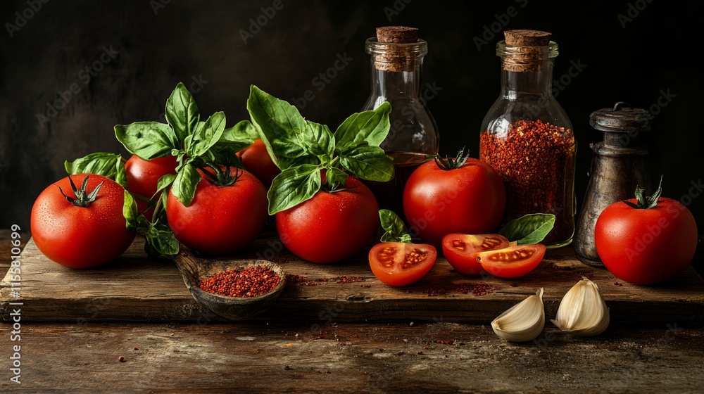 Rustic Ingredients on a Wooden Table with Diffused Light Rustic Ingredients on a Wooden Table with Diffused Light