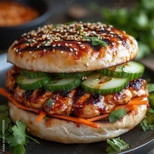 a korean inspired burger loaded with korean bbq grilled chicken, drizzled with sweet and spicy Korean BBQ sauce, topped with shredded carrots, cucumbers, and sesame seeds photo