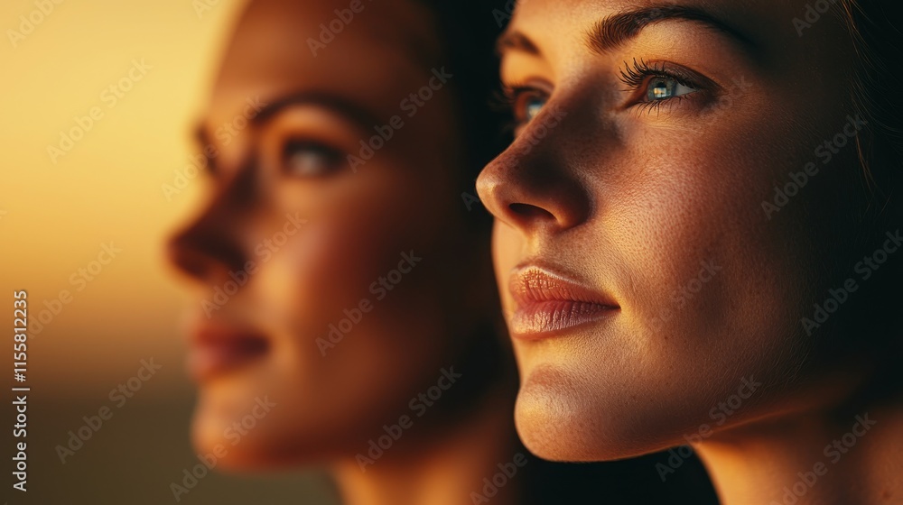 Fototapeta premium Anticipation and optimism. Two women gazing thoughtfully into the distance during sunset.