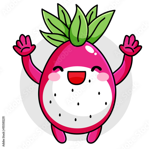 Cute Dragon Fruit Cartoon Kawaii Sticker. Character Vector Illustration