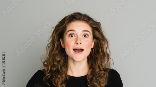 A beautiful portrait of an attractive, wavy-haired woman with a sweet, amazed expression as she discovers a sale or discount. Her mouth is slightly open in disbelief and excitement photo