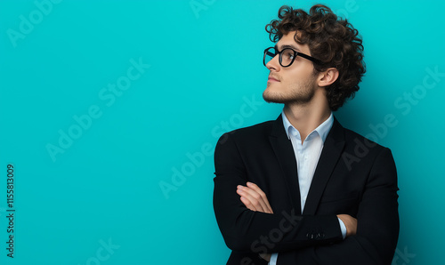 Photo of an attractive young man in profile, with curly hair and glasses wearing a suit, standing on the right side looking over his shoulder, arms crossed on his chest.