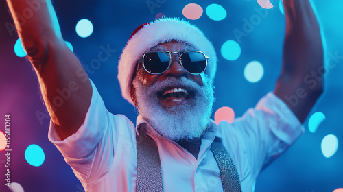 A fun and lively photo of a grandpa with a grey beard, raising his hands in the air as he dances to the beat at midnight. Heâs wearing a Santa Claus Christmas costume complete with photo