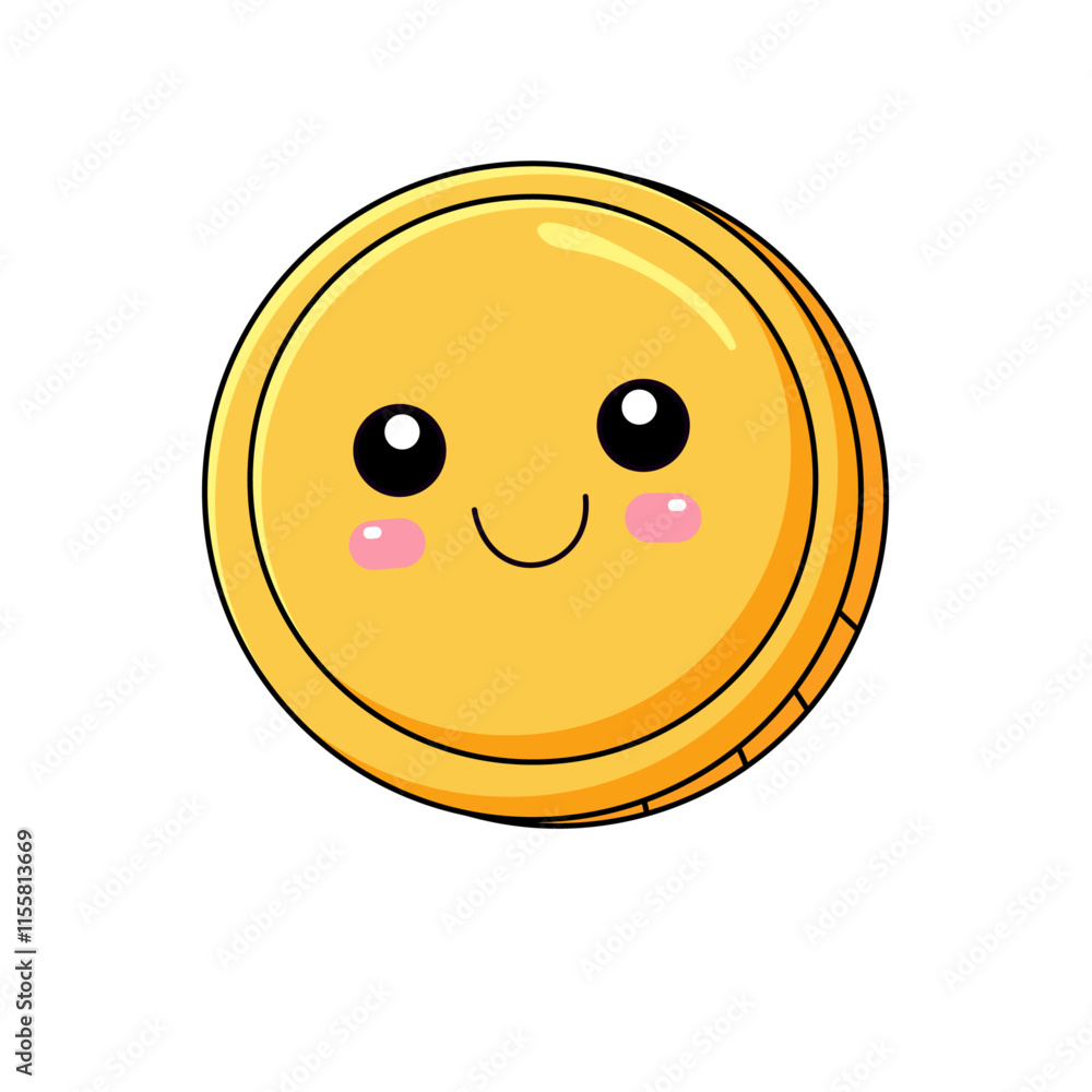 Fototapeta premium Cute Coin Cartoon Kawaii Sticker. Character Vector Illustration