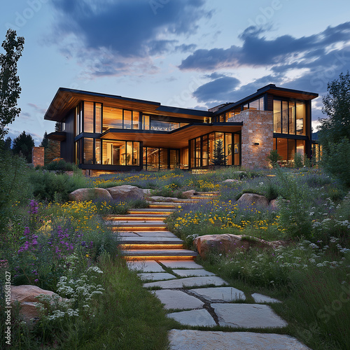 
A modern mountain home with large windows, black wood accents, and walls of glass overlooking the rocky mountains at night, surrounded by lush greenery and wildflowers photo