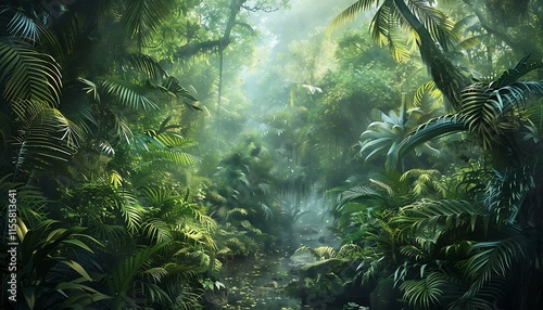 Fototapeta Naklejka Na Ścianę i Meble -  Panoramic view of misty and foggy tropical forest.