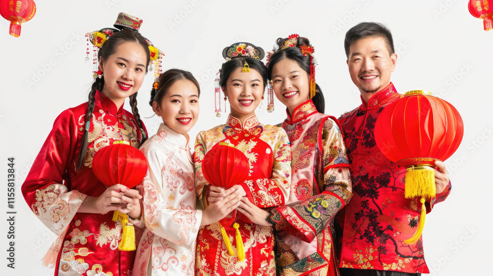 Group of People in Traditional Chinese Attire Holding Red Lanterns Celebrating Festive Occasion with Joyful Expressions Group of People in Traditional Chinese Attire Holding Red Lanterns Celebrating Festive Occasion with Joyful Expressions