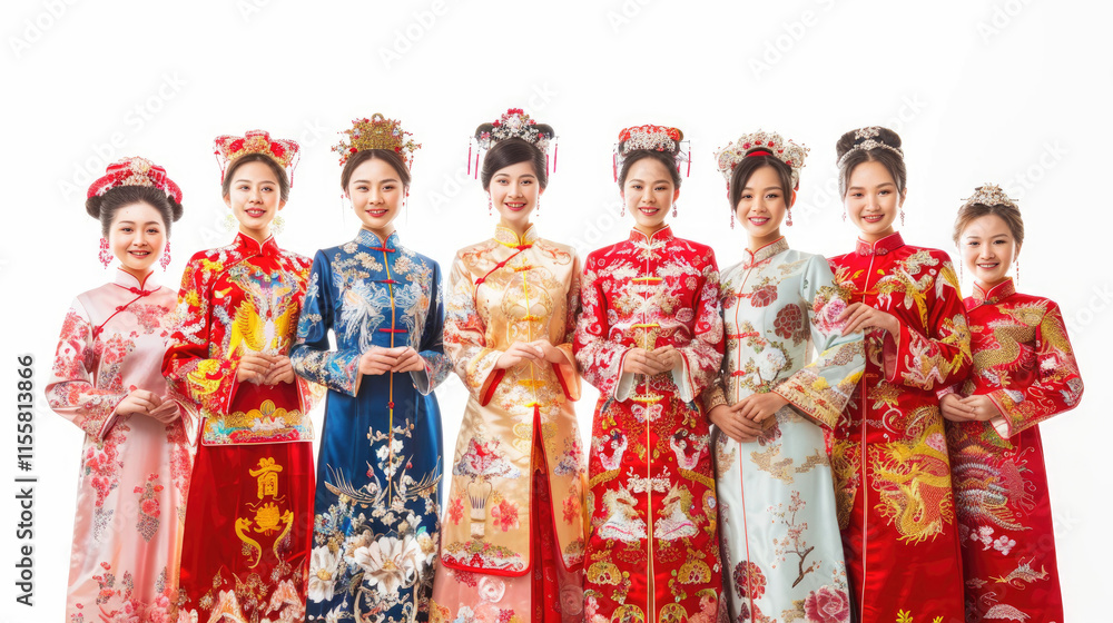 Naklejka premium Traditional Asian Bridal Attire: A Group of Women in Vibrant Cultural Dresses and Ornate Headpieces
