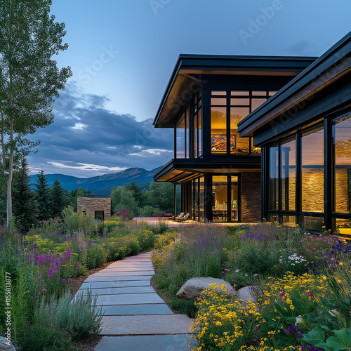 Wallpaper Mural 
A modern mountain home with large windows, black wood accents, and walls of glass overlooking the rocky mountains at night, surrounded by lush greenery and wildflowers Torontodigital.ca