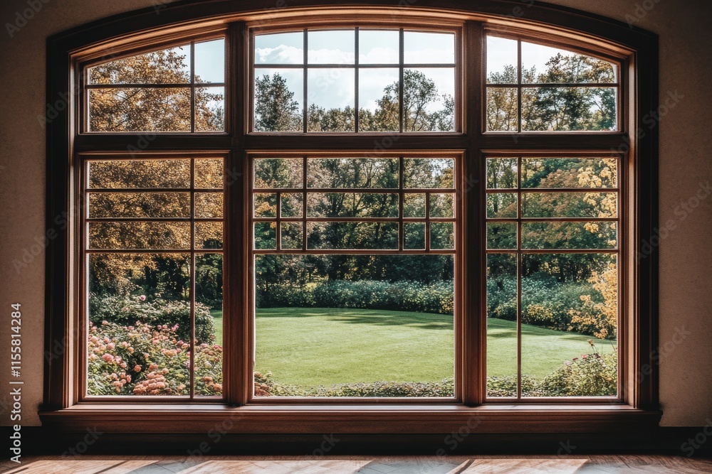 Bright garden visible through a large window with multiple panes showcasing greenery and colorful flowers. Generative AI Bright garden visible through a large window with multiple panes showcasing greenery and colorful flowers. Generative AI