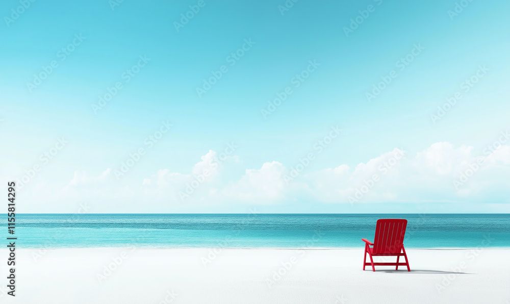 Minimalist beach scene with an empty red lounge chair and clear blue sky, overlooking the vast ocean. Minimalist beach scene with an empty red lounge chair and clear blue sky, overlooking the vast ocean.
