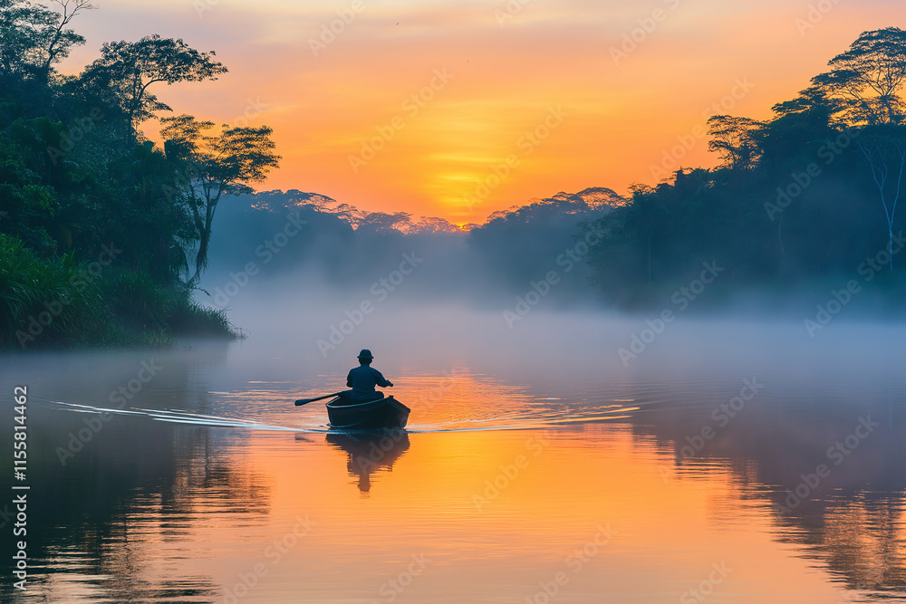 A serene river in the Amazon Rainforest at dawn, with mist rising from its waters and lush greenery on both sides. A small boat is floating along it.