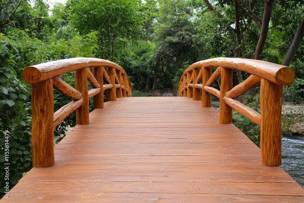 Anticipation and optimism. Wooden bridge surrounded by lush greenery in a tranquil setting.