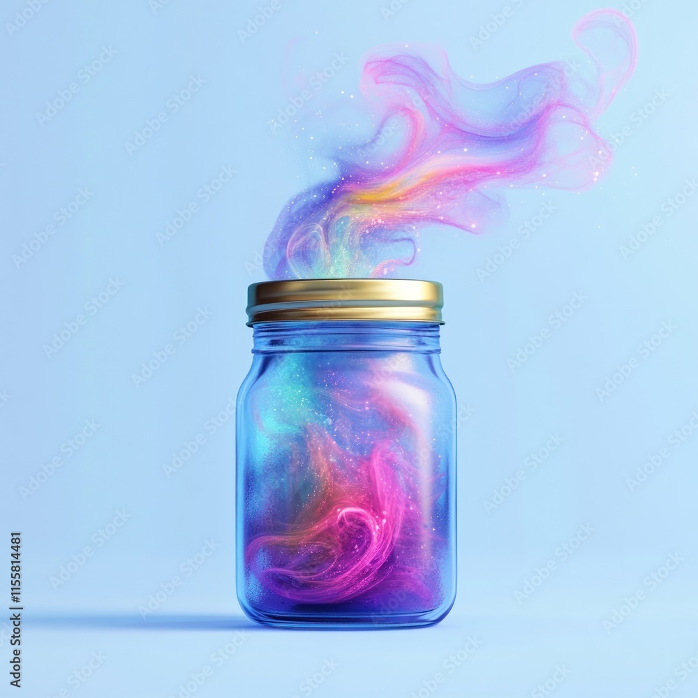 Colorful smoke swirls inside a glass jar on a light blue background. Colorful smoke swirls inside a glass jar on a light blue background.